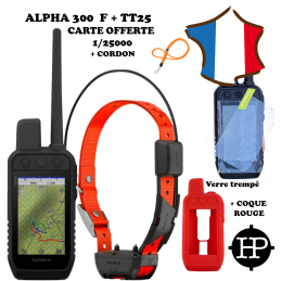 GARMIN ALPHA 300F + TT25F + carte 1/25000 + COQUE ROUGE+Verre trempé+cordon